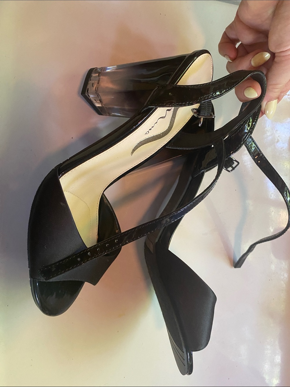 Nina Black Patent & Satin Open-Toe Slingback Heels